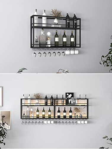 EYLINK Industrial Wall Mounted Wine Racks, Metal Hanging Wine Bottle Holder with Glass Holder, 2-Layer Wood Shelves for Living Room Kitchen Decor