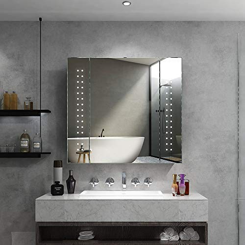 Quavikey® Bathroom Mirror Cabinet with Lights and Shaver Socket LED Illuminated Medicine Cabinet Wall Mounted with Shelf and Demister Dots Lights