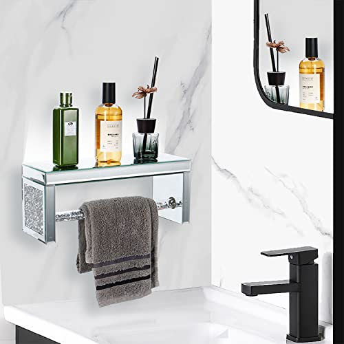TACIDON Glass Mirrored Wall Shelf. Wall Mounted Bathroom Shelf Over Toilet. Glamorous Crystal Diamond Glass Towel Bar. Decorative Storage Glass S
