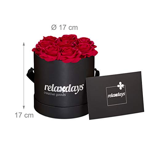 Relaxdays Round Flowerbox with 8 Faux Roses, Black Box, Last 10 Years, Gift, Decorative Bouquet, Red, 17 x 17 x 17 cm