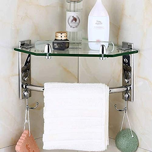 N/A Bathroom 2-Tier Glass Corner Shelf With Towel Bar Wall Mounted Extra Thick Tempered Glass