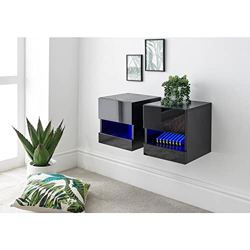 GFW Pair of Wall Mounted Floating Bedside Tables with Led Downlights & Storage Cupboard, Black, Width x 30 cm Depth x 31 cm Height