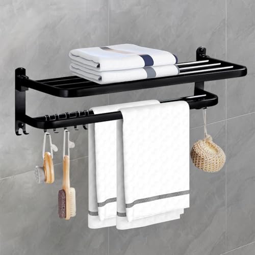 HONPHIER Towel Rail Wall Mounted 2-Tier Foldable Towel Holder Bath Towel Rack With Activity 5 Hooks SUS 304 Stainless Steel Towel Shelves Towel R