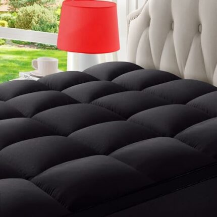 BedLuxury Short Queen Black Mattress Topper Mattress Pad Cover Plush Soft Pillowtop with Elastic Deep Pocket Overfilled Down Alternative Filling