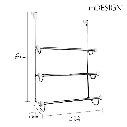 mDesign Over the Door Towel Rail – Modern Bathroom Towel Rack with 3 Bars – Hanging Towel Storage Rack – Essential Bathroom Storage – White/Chrom