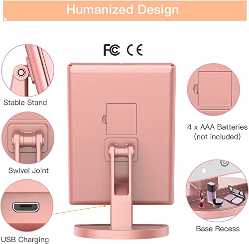 ESTOPE PRO Lighted Makeup Mirror 2X/3X Magnification Vanity Mirror Tri-fold Make up Mirror Table Mirror Pink