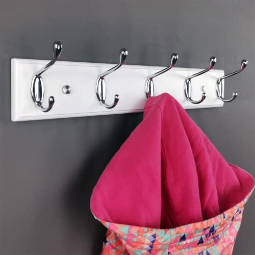 lomejii 5 Silver Hooks Wooden Wall Coat Rack, White 44 cm, Strong Hook Rack for Hanging Clothes, Hats, Backpacks, Great Modern Wardrobe for Entra