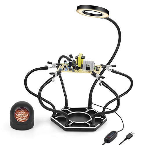 Helping Hands, Third Hand Soldering Station with 3X Magnifying Lamp, 6 Helping Arms and Vise Holder Base Soldering Iron Tips Cleaner Holder for W