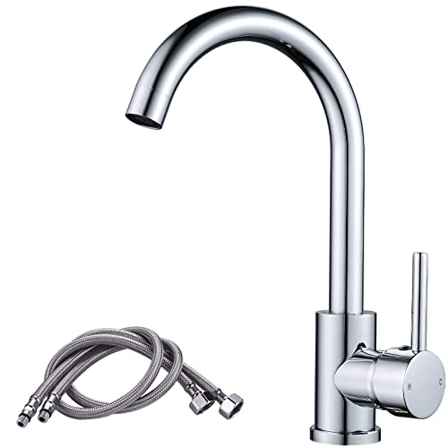 NewEast Kitchen Mixer Taps, Stainless Steel Single Lever Kitchen Monobloc Sink Tap with Swivel Spout and Hoses, Chrome Brass
