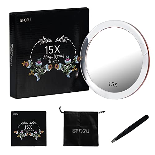 ISFORU 15x Magnifying Mirror with 3 Suction Cups - Use for Makeup Application, Tweezing, Blackhead/Blemish Removal - Travel Magnification Mirror