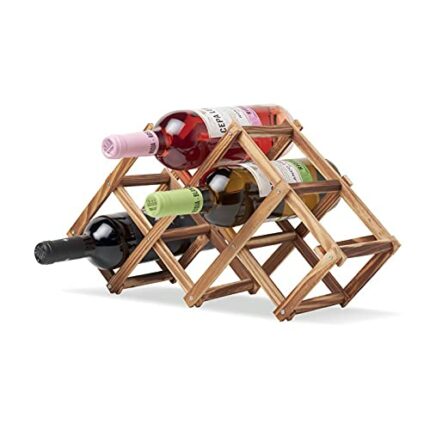 eBuyGB Wooden Foldable Wine Rack, Free Standing Compact 6 Bottle Wine Storage Holder, Geometric Wine Bottle Display Stand