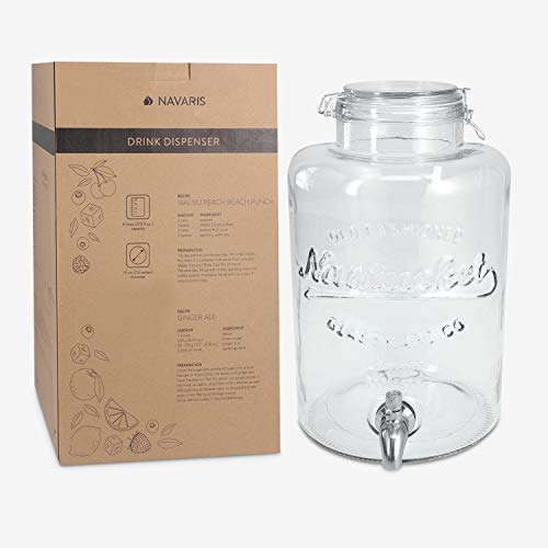Navaris Drinks Dispenser with Tap - 8L Glass Drink Jar with Stainless Steel Tap and Clip Top Lid - for Cold Beverages, Ice Water, Garden Party