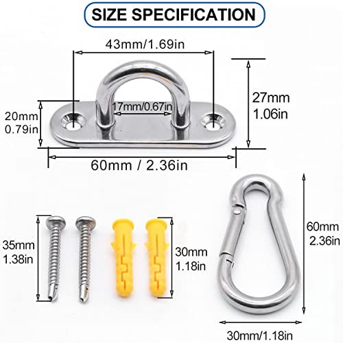 MgcTolBox 4 Set M6 Eye Pad Plate and Metal Staple Ring Hook Heavy Duty Metal Pad Eye Plate and Carabiner Clips with 16 PCS Screws for Yoga Swings
