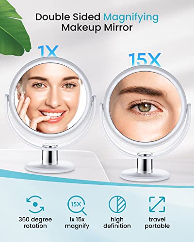 Magnifying Makeup Mirror, 1X 15X Double Sided Magnification Mirror, 360 Degree Rotation Table Mirror, White