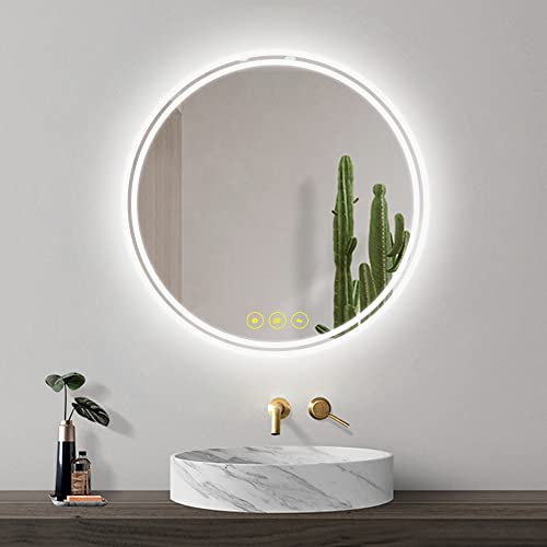 ICYWANG Bathroom Mirror with LED Lights Circular 50cm | Touch Sensor | Demister Pad | Wall-Mounted Vanity Illuminated Backlit Mirror Energy-Savin