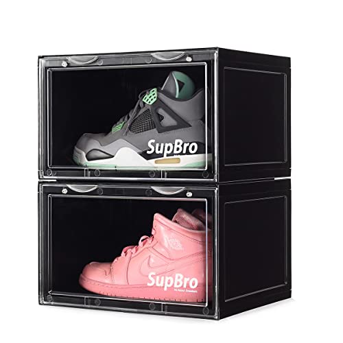 SupBro Collection Crate - Easy Access Storage Shoes Box -Plastic Foldable Stackable Sneaker Display Storage with Reflective Logo Clear Side Open