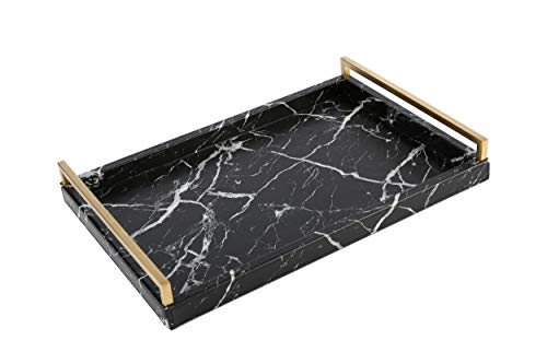 WV Decorative Tray Dark Grey Faux Shagreen Leather with Brushed Gold Stainless Steel Handle ,Serving Tray for Coffee Table, Ottoman in Living Roo