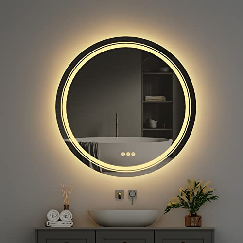 LUVODI Round Illuminated Bathroom Mirror: 600mm Dimmable LED Lighted Circle Wall Mounted Vanity Mirror with Demister Pad Smart Touch Sensor for M