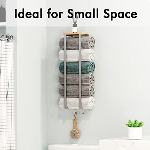 KES Towel Rack for Rolled Towel with Bamboo Board, Bathroom Towel Holder Towel Storage with Hooks Brushed Finish Wall Mounted, BTR215-2