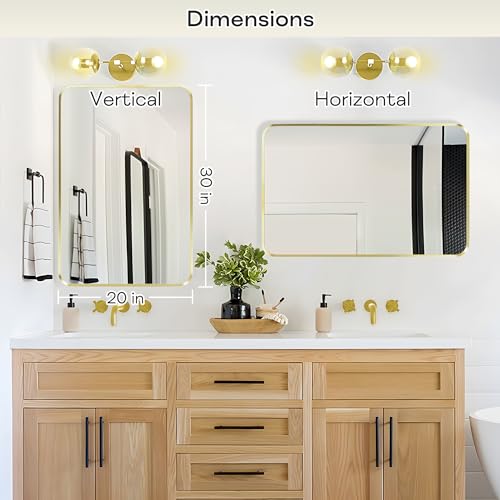 Minuover Wall Mount Mirror for Bathroom, Brushed Gold Metal Framed Rounded Corner Rectangular Vanity Mirror (20" x 30", Gold)