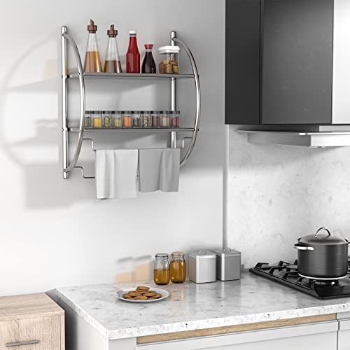 Multigot Towel Rack, Steel Wall-Mounted Curved Shelving Unit, 2-Tier Double Towel Holder with Hanging Rails for Bathroom and Kitchen, 45x26x54cm