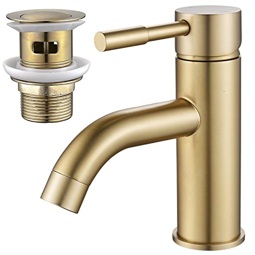 NewEast Gold Basin Taps Mono Single Lever Bathroom Sink Mixer Tap with Pop Up Waste