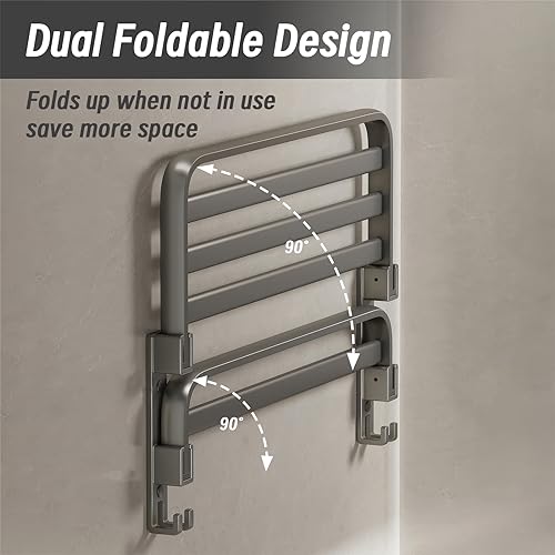 Myckulisu Towel Rack for Bathroom Foldable Double Towel Holder with Towel Bar and 4 Hooks for Bathroom, 24inch(60cm), Gunmetal Grey