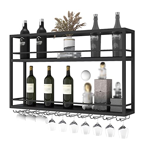 EYLINK Industrial Wall Mounted Wine Racks, Metal Hanging Wine Bottle Holder with Glass Holder, 2-Layer Wood Shelves for Living Room Kitchen Decor
