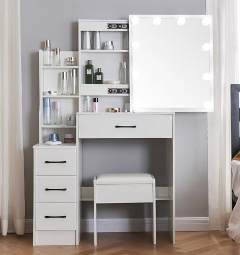 Makeup Vanity Desk with Lights & Mirror, Large Vanity Set with Storage Drawers & Stool, Bedroom Dresser Desk Vanity Table, White (Modern Vanity D