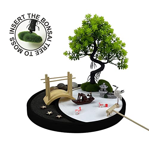 Desktop Zen Garden Kit White & Black Sand 9.5 Inch Large Black Moon Tray, Japanese Mini Zen Garden Gift Set, Bonsai Tree, Bridge, Fisherman's boa