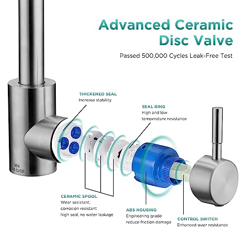 Kitchen Sink Mixer Tap SUS304 Stainless Steel Monobloc Mixer Taps with 360º Swivel Spout High Arc Single Lever Kitchen Faucet 1 Hole Mono Basin F