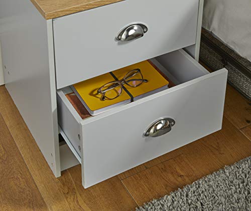 House & Homestyle Linwood 2 Drawer Bedside Table with Chrome Cup Handles - Grey and Oak Effect - H 45cm x W 40cm x D 40cm