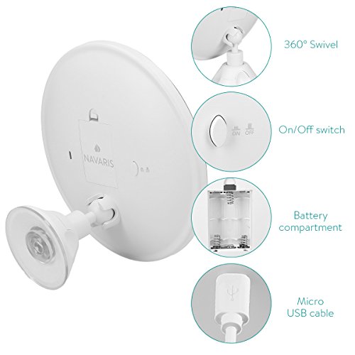Navaris LED Magnifying Makeup Mirror - Cosmetics Mirror with Suction Cup, 7x Magnification, 360 Degree Swivel - Travel Bathroom Vanity Mirror - W