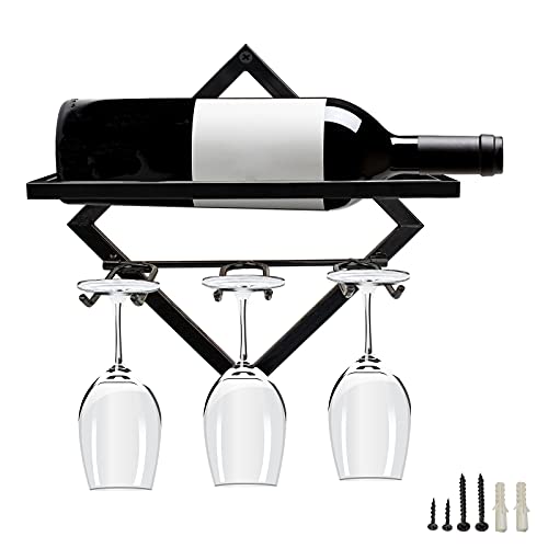 Metal Wall Mounted Wine Holder, Upgrade Foldable Hanging Wall Wine Rack Organizer for 2 Liquor Bottles, Red Wine Bottle Display Hanger with Screw