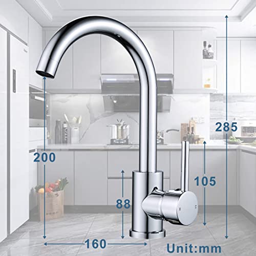 NewEast Kitchen Mixer Taps, Stainless Steel Single Lever Kitchen Monobloc Sink Tap with Swivel Spout and Hoses, Chrome Brass