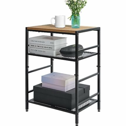 GIOTORENT 3-Tier Small End Table, Tall Nightstand with Adjustable Shelf, Narrow Side Table with Sturdy Diamond Grid, Bedside Table for Living Roo
