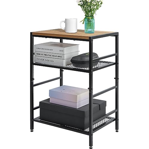 GIOTORENT 3-Tier Small End Table, Tall Nightstand with Adjustable Shelf, Narrow Side Table with Sturdy Diamond Grid, Bedside Table for Living Roo