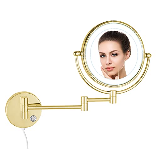 DOWRY Wall Mounted Magnifying Mirror with Light 5x,Gold Extendable Mirror,LED Illuminated Shaving Mirror,360 ° Rotatable Double Sided Mirror,Ø20c