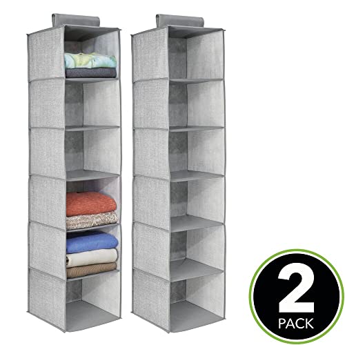 mDesign Set of 2 Hanging Wardrobe Organiser - Fabric Wardrobe Storage Units with 6 shelves each - Ideal Hanging Closet Organiser - Grey