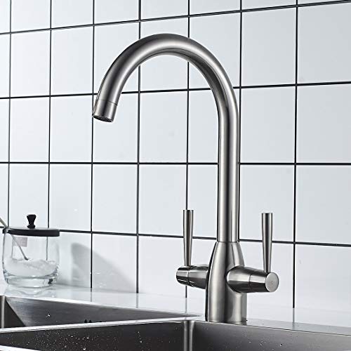 NewEast Kitchen Taps,Modern Double Handle Kitchen Mixer Sink Tap Swivel Spout Brushed Nickel