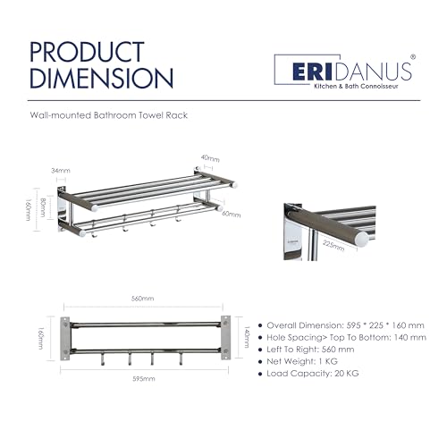 Eridanus Bathroom Towel Rack with Sliding Hooks, Stainless Steel Towel Holder with Dual Row Towel Shelf, Wall-Mounted Towel Rail, Hotel Style Sho
