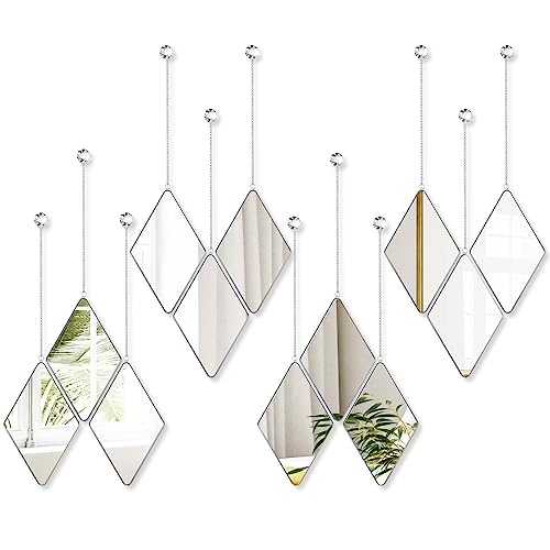 Qunclay Diamond Wall Mirror with Chain Hanging Mirror Set with Diamond Handle Frame Decorative Chain Mirror for Home Entryways Living Room Dining