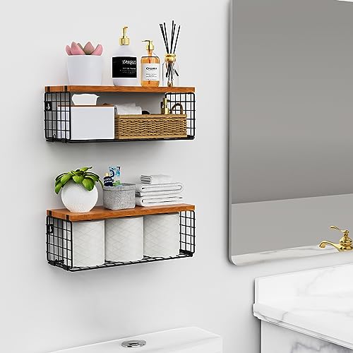 Obswell Kole Floating Shelves with Wire Storage Basket, Bathroom Shelves Over Toilet with Protective Metal Guardrail, Wood Wall Shelves for Bathr