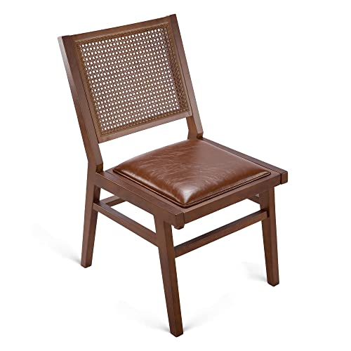 MeetLeisure Armless Mid-Century Wooden Chair Teak Color Set of 2 - Wooden Chair with Hand-Woven Rattan Backrest, Suitable for Living Room & Kitch