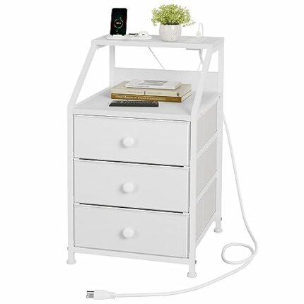 REAHOME Nightstand, White Night Stands with Charging Station, Bedside Tables with 3 Fabric Drawers and 2-Tie Storage Shelves, Modern Side Table f