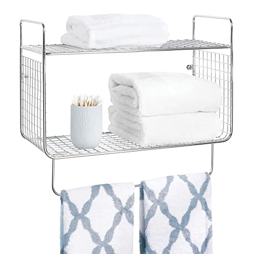 mDesign Bathroom Shelf – 2-Tier Wire Shelf with Integrated Towel Rail – Ideal Bathroom Storage Solution – Chrome