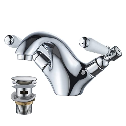 Dual Lever Basin Mixer taps,Luckyhome Bathroom Sink Mixer taps Chrome hot and Cold Faucet Solid Brass Valve Body