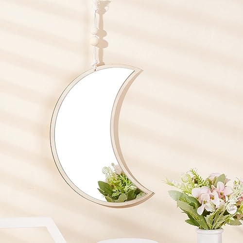 CREATCABIN Moon Wall Decor Mirror Acrylic Wall Hanging Decoration Mirror Pendant Wall Art Wall Mounted Mirror with Wool Wire Wood Beads for Home