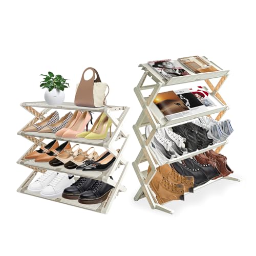 KINZURE Installation-Free Foldable Shoe Rack, 4-Tier Free Standing Shoe Shelf, 10-12 Pairs Shoe Storage, Small Corner Display Rack, Kitchen, Bath