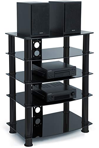Centurion Supports Galago 5-Shelf Premium Gloss Black Glass with Black Legs AV Rack